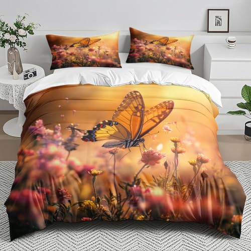 Parure de lit 240x260 microfibre durable avec housse de couette fleur orange