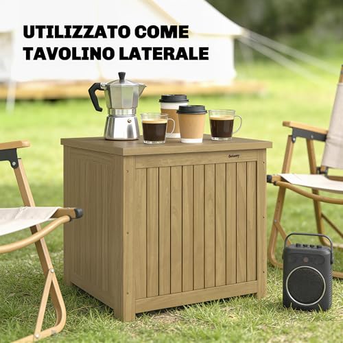 Outsunny Baule Da Esterno Da 130L In Legno Con Coperchio A Cerniera Cinghia, Baule Da Giardino Con Fodera, Contenitore Da Esterno Protezione Uv, Per Giardino Patio Piscina, 63X51X58.5 Cm, Marrone - 8