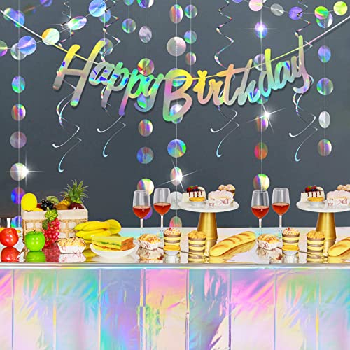 Iridescent Happy Birthday Banner Party Decorations, Shiny Happy Birthday Sign Holographic Circle Garlands Hanging Dots Streamer Backdrop Tablecloth For Iridescent Birthday Party Decorations Supplies #TOP27