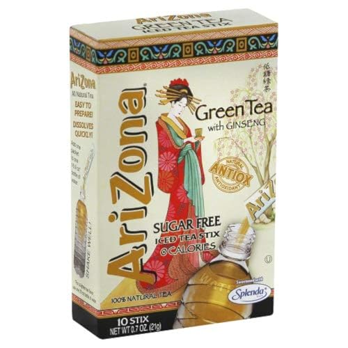 AriZona Green Tea with Ginseng Sugar Free Iced Tea Stix, Low Calorie Single Serving Drink Powder Packets, 10 Count (Pack of 12)