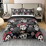100% Cotton Sugar Skull Duvet Cover Queen Size 3 Pcs Retro Red Gray Rose Romantic Style Bedding Set for Kids Teens Adults Happy Halloween Theme Human Skull Comforter Cover,2 Pillowcases,No Comforter