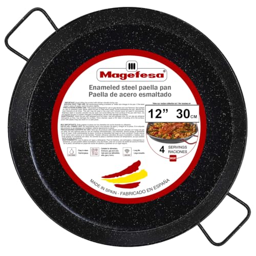 Magefesa 12-inch Enameled Steel Paella Pan, 30cm - 4 Servings, Ideal for Traditional Valencian Paella, Easy Cleaning, Dishwasher Safe