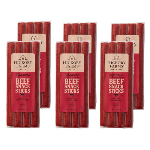Hickory Farms Beef Sticks 6-Pack | High-protein snack, gluten free, meat sticks for snacking, made with premium beef, good for camping, hiking, lunch, college care packages
