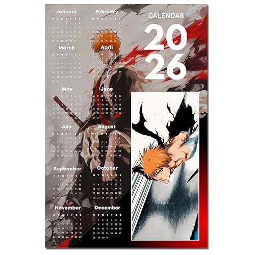 Image of 2026 Anime Calendar - Ichigo Kurosaki (red) from Bleach | 12 inch x 18 inch size | Wall Decoration Aesthetic Calendars