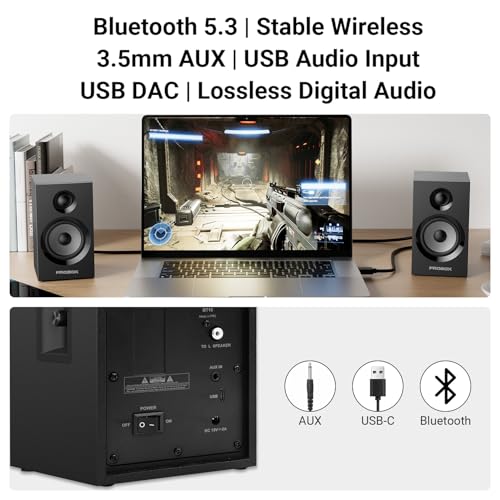 Image of Powered Bookshelf Speakers HiFi Computer Gaming Monitors with Bluetooth 5.3 & 24-Bit USB DAC Stereo Speaker PC Speakers 3.5 inch Woofer,1 inch Silk Dome Tweeter, Adjustable Bass /Treble BT16-Black