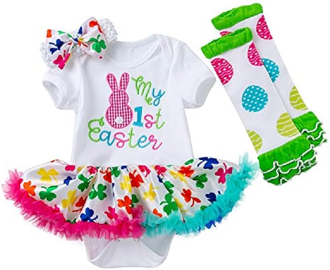 Quenny Easter Baby Girls' Bunny Embroidery Skirts,Baby Girls' mesh Princess Dress Three-Pieces Set.