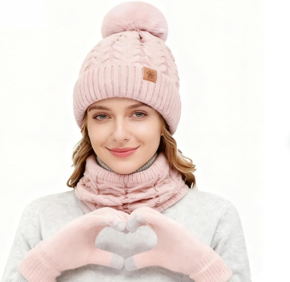 Womens Winter Hat Gloves Scarf Set, Pom Pom Beanie Neck Scarf Touchscreen Gloves Ear Warmer, 4 in 1 Warm Gift Set