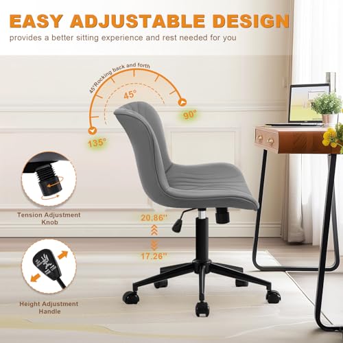 Image of Armless Office Chair, Height Adjustable Desk Chair with Wheels, Ergonomic Comfy 360 Swivel Home Office Computer Task Chair, Faux Leather Padded Cute Vanity Chair, Gray
