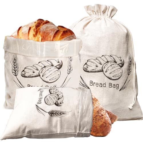 Linen Bread Bags [Pack of 3] with Inner Lining - 20" x 14" Keeps Homemade Bread Fresh & Secure - Perfect for Sourdough & Gift Giving - Set of Reusable Bags