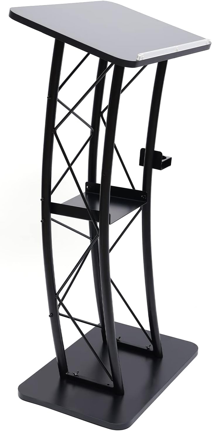 Podium konferencyjne Zakrzywione Podium Czarny Metalowy Stojący Podium z uchwytem na kubek Podium Biuro 40 x 60 x 120 cm