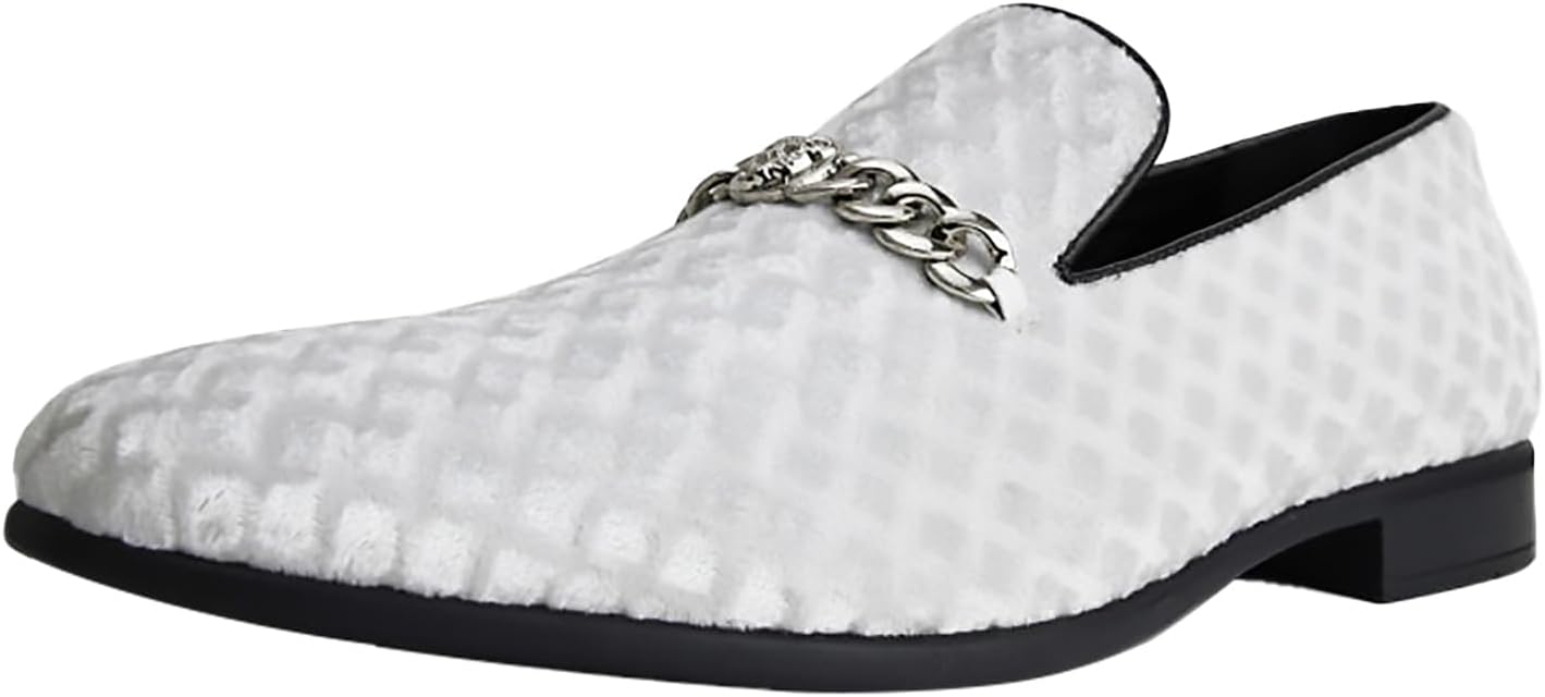Amali Velvet Slip-On Dress Loafers for Men with Lion Head Piece, Men’s Formal Smoking Tuxedo Slippers, Loafer Shoes with Metal Chain Detail