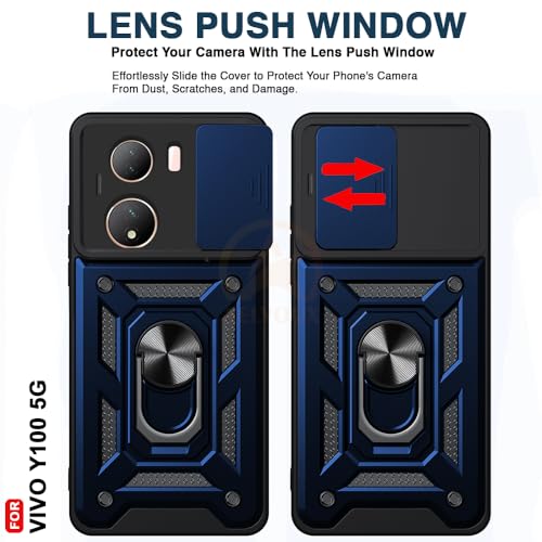 Image of Armor Bumper Back Cover Case for Vivo Y100 5G | Rotating Camera Cover, Ring Holder & Kickstand | Heavy Duty & 360 Degree Protection Vivo Y100 5G Back Cover (Blue)