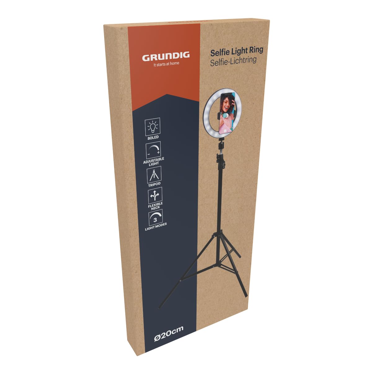 Grundig Anneau Lumineux pour Selfie - Diamètre : 20 cm - Trépied réglable de 210 cm - 80 LED - avec 3 Niveaux de Chaleur - Anneau Lumineux - Col Flexible - Rechargeable par USB - Noir