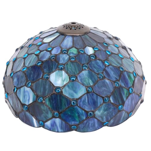 Image of 12 Inch Tiffany Stained Glass Lamp Shade Replacement Only (Blue) | Stained Glass Style Lampshade with Cap fit for Table lamp Pendant Light Ceiling Fixture