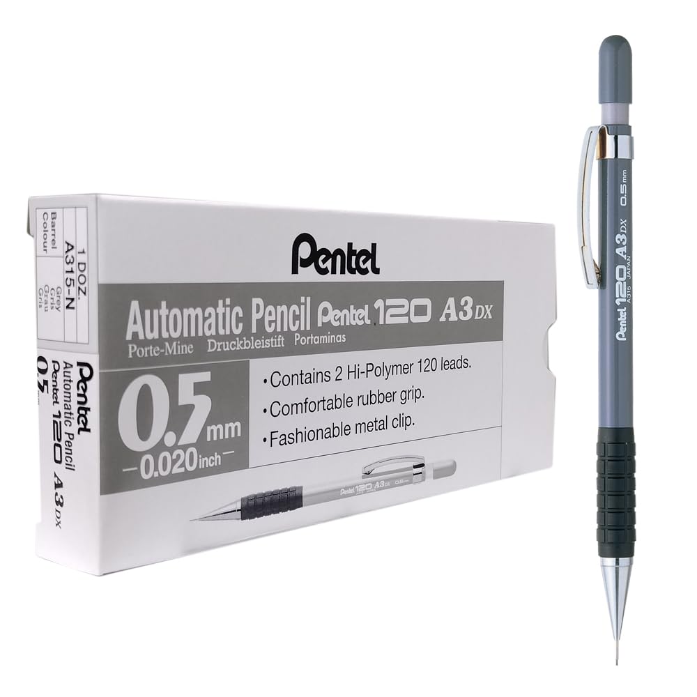 Pentel Hi-Graph Paquete de 12 lápices mecánicos 0.5 mm con Fixed Barrel 4 mm Gris Cuerpo