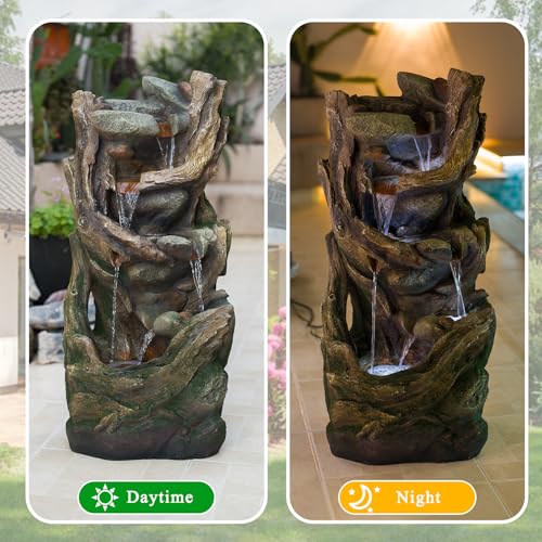 Image of Driftwood Rock Outdoor Water Fountain, Resin with LED, 38.6 in | Cascading waterfall, mimics driftwood & river rock, fitted with pump, indoor & outdoor decor for garden, patio and yard
