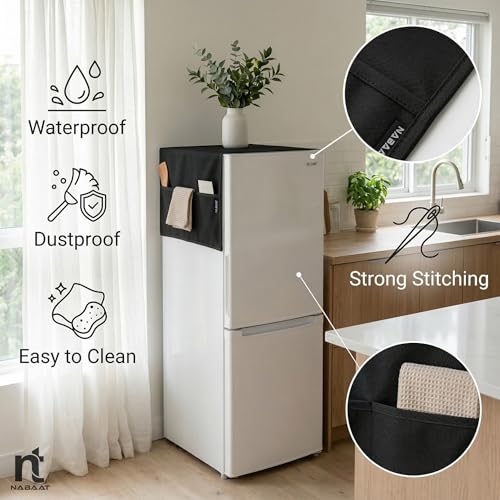 Image of NABAAT Fridge Cover Top for Single Door Refrigerator Kitchen Decor Durable Dustproof Waterproof Modern Design with 6 Side Pockets for Kitchen Accessories - 46.5 inch x 20.5 inch (Black)