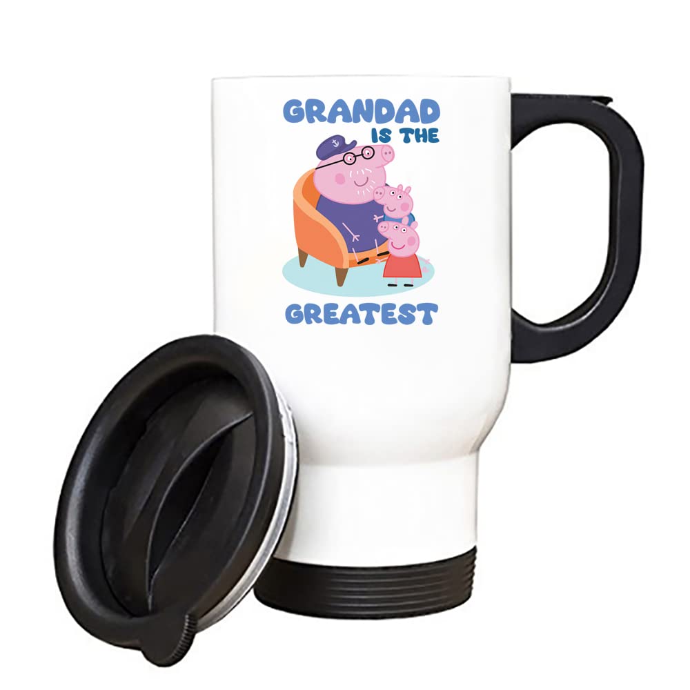 Father's Day Mug, Grandad Mug, Grandad is The Greatest, Pig Birthday Gift for Grandpa, Grandfather, Coffee Mug,Tea Mug Silver/White Insulated 14oz Travel Tea/Coffee Mug. (White)