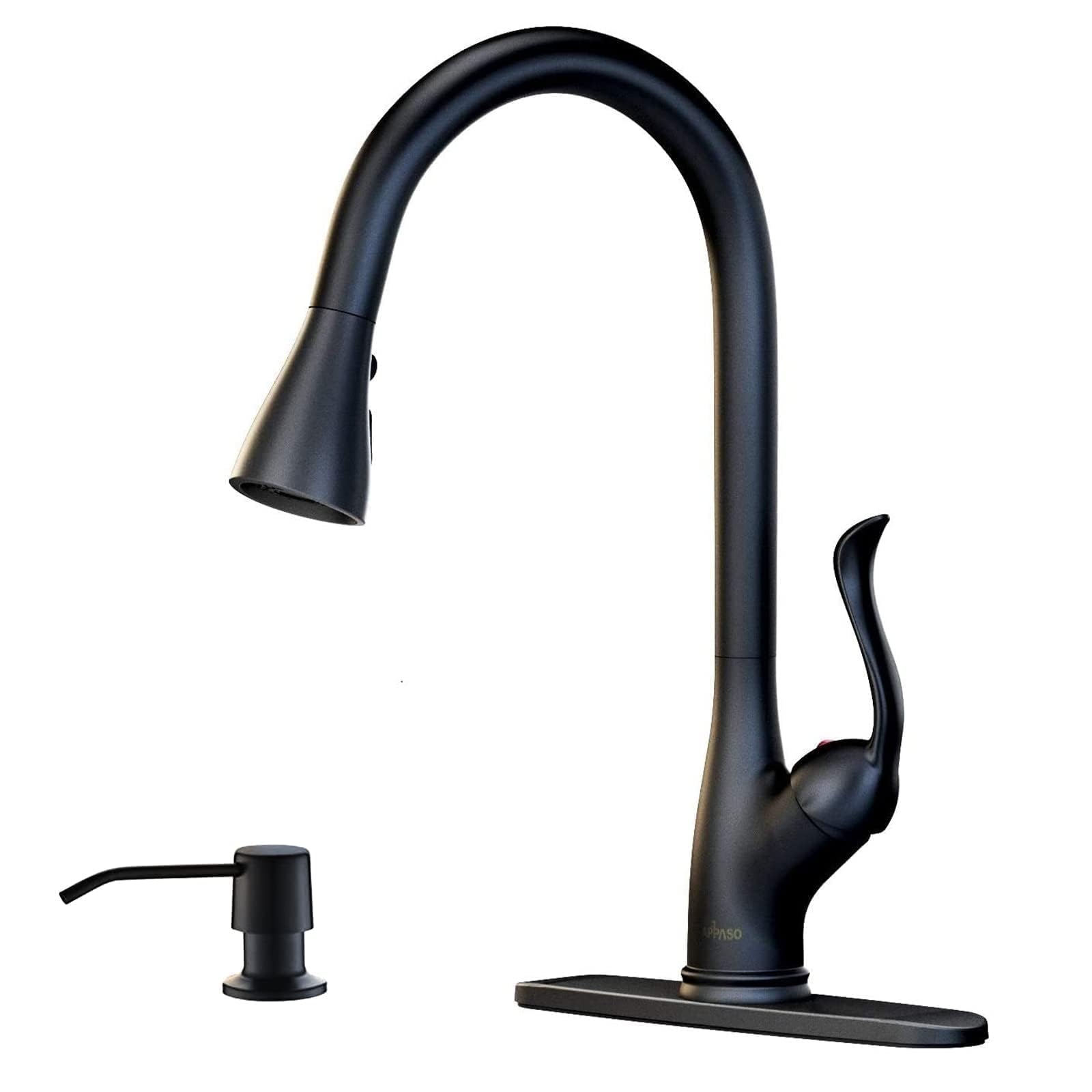 APPASO Matte Black Kitchen Faucet with Pull Down Sprayer and Soap Dispenser, Single Handle Commercial High Arc One Hole Pull Out Spray Head Kitchen Sink Faucets
