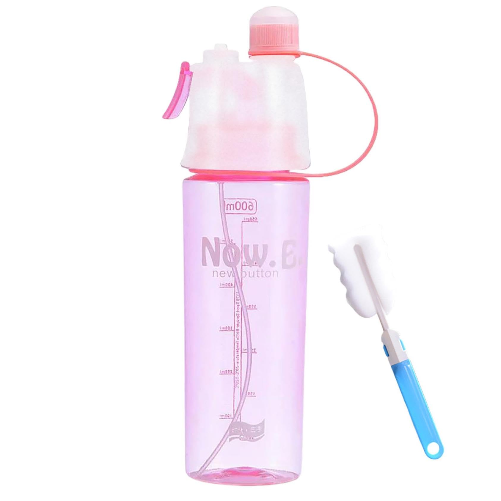 600ml Spray Water Bottle, Mist Function Cycling Water Bottles with Straw, Leak-Proof Hydration Drinking Bottles with Cleaning Brush, Portable Misting Sports Bottle for Outdoor Hiking Fitness (Pink)