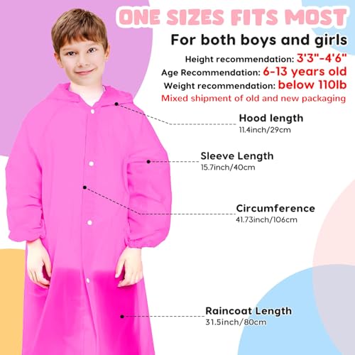 Image of BFONS Rain Ponchos for Kids, Reusable Raincoats for Boys Girls with Hood and Sleeves, Waterproof Rain Jackets for Travel Outdoor Pink 2PCS
