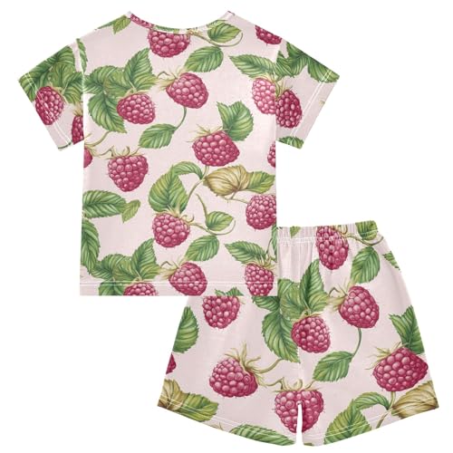 CHIFIGNO Raspberries Leaves Pink Pj Set Cotton Pajamas, Short Sleeve Summer Clothes with Pocket 5Y2