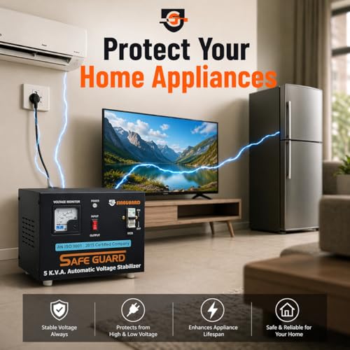 Image of 5 KVA Automatic Voltage Stabilizer for Home | 140V-440V Input Range | Double Phase Aluminum Body | Heavy Duty Voltage Protector with MCB & Meter Display