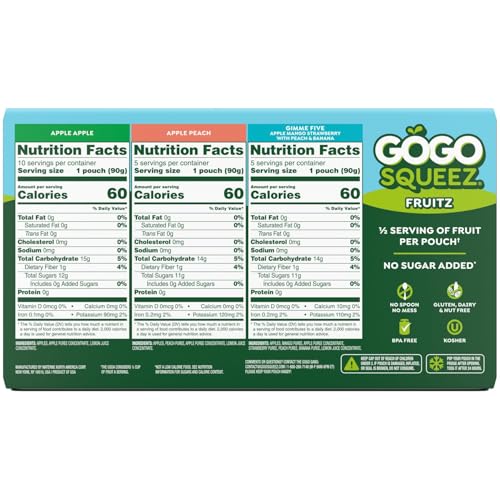 Image of GoGo squeeZ No Sugar Added Applesauce and Fruit Puree Variety Pack, Apple, Peach & Gimme Five!, 3.2 oz Pouches (Pack of 20), Fruit Snacks for Kids, Gluten Free, Nut Free, Recloseable Cap, BPA Free
