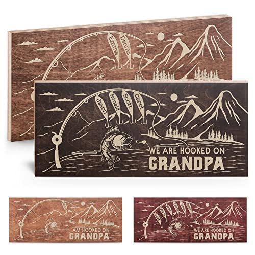 We Are Hooked On Grandpa, Personalized Sign for Grandpa, Fishing Gifts for Grandpa w/Grandkids'...