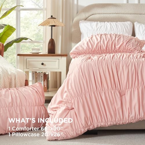 Image of Andency Ruched Blush Pink Twin Size Comforter Sets, Shabby Chic Pleated Bedding Sets 2 Pieces, Lightweight Soft Boho Ruffle Bed Set for Girls, Kids, Women, All Season