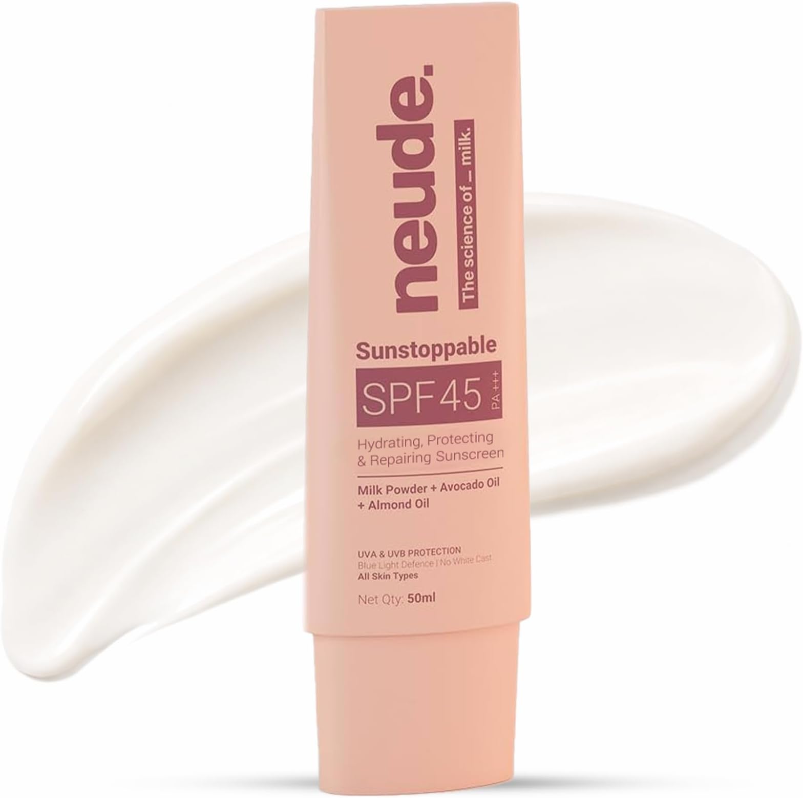 Neude SPF 45 Sunscreen 50 ml PA+++ No White Cast with Milk, Zinc Oxide and Avocado Oil, Broad-Spectrum Daily Moisturizer for Men and Women Blue Light Protection Repairing Paraben-Free