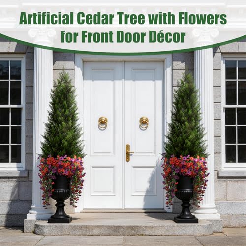 Image of Vitalismo Artificial Topiary Cedar Trees 4FT Tall 2 Set with 12 Bundles Faux Silk Flowers, Outdoor Indoor Faux Pine Shrubs Plants, Fake Bushes Plants for Home Front Porch Door Patio