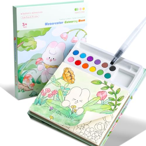 Water Color Workbook Watercolor Book for Kids 12 Colors Watercolor Paint Set with Palette & Brush 200GSM Thick Paper 24 Sheets 12 Patterns Kids Coloring Book Art Drawing Craft Toys for Toddlers Beginners Ages 3-8 Birthday Gifts