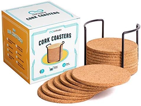 Infiniko Natural Cork Coasters With Holder, 16pcs Absorbent Saucers Set, 1/5" Thick 4” Wide Round Edge Eco-Friendly Design, Reusable For Drinks Glasses Coffee Cups & Mugs