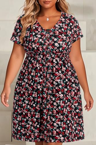 Image of Holipick Women's Plus Size Summer Dresses for Women Casual Dress with Pockets A-Line Swing Button Down Sleeveless V Neck