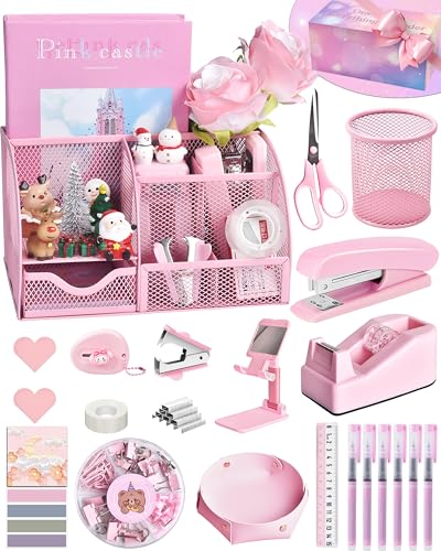 LXEVIHK Pink Desk Accessories 23-Piece Office Supplies Gift Set for Women