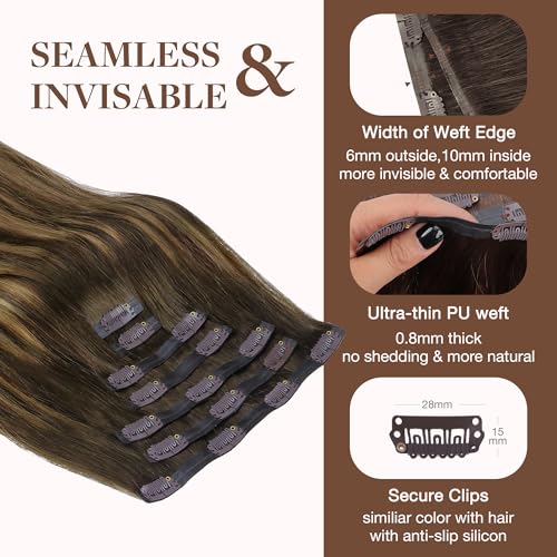 Image of GOO GOO Clip in Hair Extensions Real Human Hair, Remy Human Hair Extensions Clip ins for Women, Natural Human Hair, 20inch 150g 7Pcs, 4 /27 /4 Balayage Chocolate Brown to Caramel Blonde