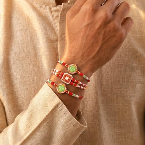 Image of Peora Rakhshabandhan Thread Rakhi for Brother Bhaiya | Crystals & Kundan Studded | Combo, Set of 3 | Rakhi Hamper with Roli Chawal & Greeting Card