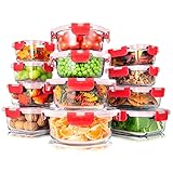 SereneLife 24-Piece Food Glass Storage Containers - Superior Glass Food Storage Set, Stackable Design with Newly Innovated Hinged Locking lids, 11 To 35 Oz. Capacity, Red - SLGL24R