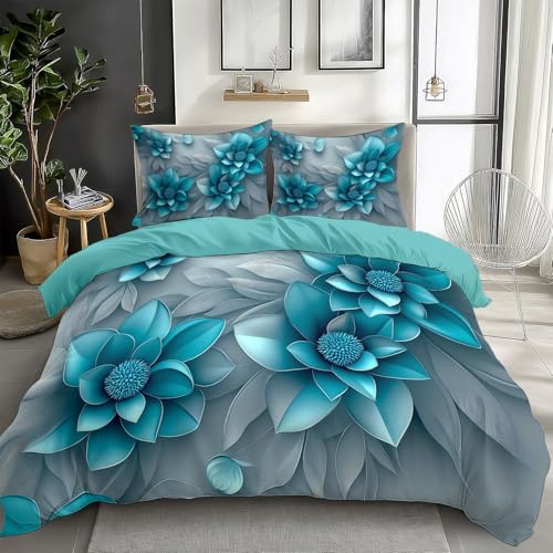 Light Gray Bedding Sets Flowers Cyan Blue Print Duvet Cover Set, Comforter Cover Full Size Soft Breathable Reversible 3-Piece Bedding for Kids Teens