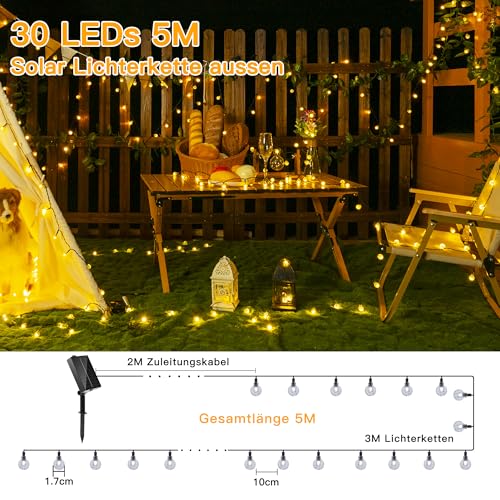 Ollny Solar Lichterkette Aussen 3M 30 LED, IP65 wasserdicht Lichterkette Außen Solar mit 8 Modi, Solar Lichterkette Outdoor für Garten Terrasse Balkon Hochzeit(Warmweiß) 3