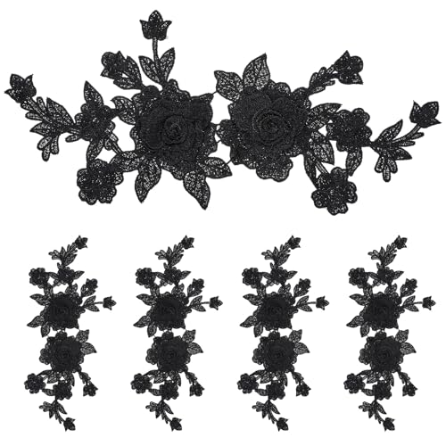 WJIAAA 4 Stück bügelflicken schwarz, Blumen Rosen Applikationen Patches zum Aufnähen, Spitzenstickerei Aufnäher DIY Spitze Kleidung Applique für...