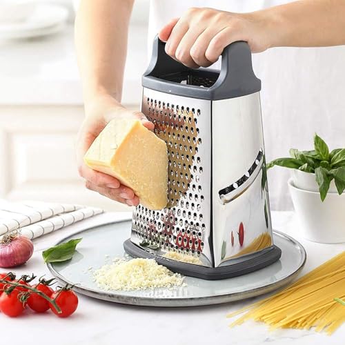 Image of Professional Cheese Grater - Stainless Steel, XL Size, 4 Sides - Perfect Box Grater for Parmesan Cheese, Vegetables, Ginger - Dishwasher Safe (Black)