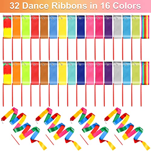 Image of 32 Pieces Dance Ribbons Rhythmic Gymnastics Rainbow Streamers, Kids Artistic Baton Twirling Ribbons with Non-Slip Handle for Dance Party, Talent Shows, Dance Gymnastics, 16 Colors
