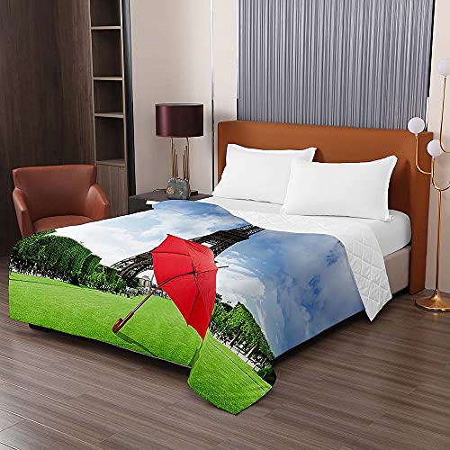 Oduo Colcha Bouti Cama de Verano, 3D Paraguas impresión Microfibra Cubrecama Multiusos Suave para Cama de Matrimonio, Lavable Acolchada Edredón Ligero Manta (230x280cm,Torre Eiffel)
