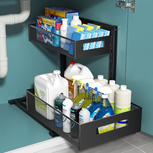 TISTAYA Under Sink Organizer - Metal, 2 Tiered Pull-Out Shelf, Black, Under Sink Cleaning Supply Organizer, Kitchen, Cleaning