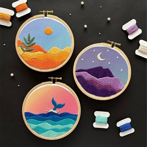 Image of KNOT YOUR TYPE Cotton Scenery DIY Embroidery Kit - Bundle of 3 | Hand Embroidery Kit with All Stitching Materials | Perfect Art & Craft Gift Set, Stitching Kit for Adults, Blue