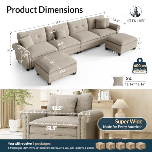 Image of HERA'S HOUSE 150 inch Oversized U Shaped Modular Sectional Couch Living Room | Mid-Century Modern 6-Seater Cloud Sofa, Light Gray, Rolled Arms & Nailhead Trim, Wider & Deeper Seats, Ottoman, Linen