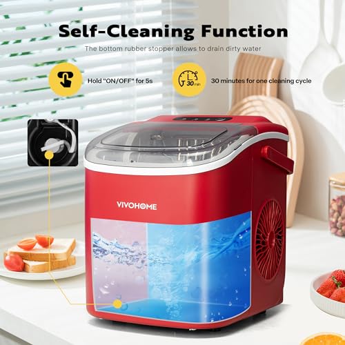 Image of VIVOHOME Countertop Ice Maker with Handle 26lbs /Day 9 Ice Cubes in 6 Mins Portable Ice Maker Machine 10 Ice Bags and Self Cleaning Ice Cube Maker Red