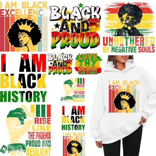 10 hojas de calcomanías de transferencia de calor lavables para ropa, chaquetas de mezclilla, diseño de historia negra, parche para planchar con texto en inglés "I Am Black History"
